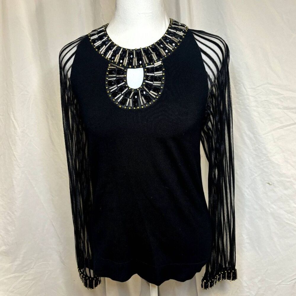 Belldini Jeweled Sheer Sleeve Pullover Blouse Womens Zip Linen Black Long Sleeve